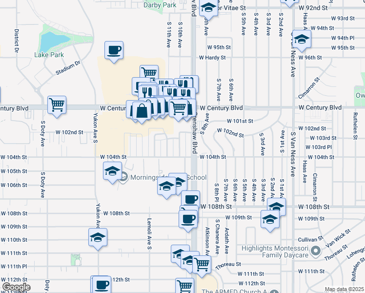 map of restaurants, bars, coffee shops, grocery stores, and more near 10242 South 10th Avenue in Inglewood