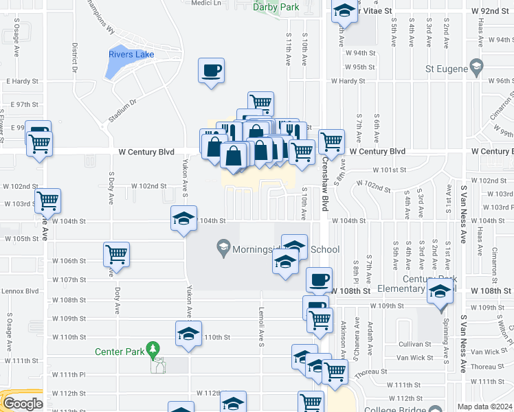 map of restaurants, bars, coffee shops, grocery stores, and more near 3319 West 104th Street in Inglewood