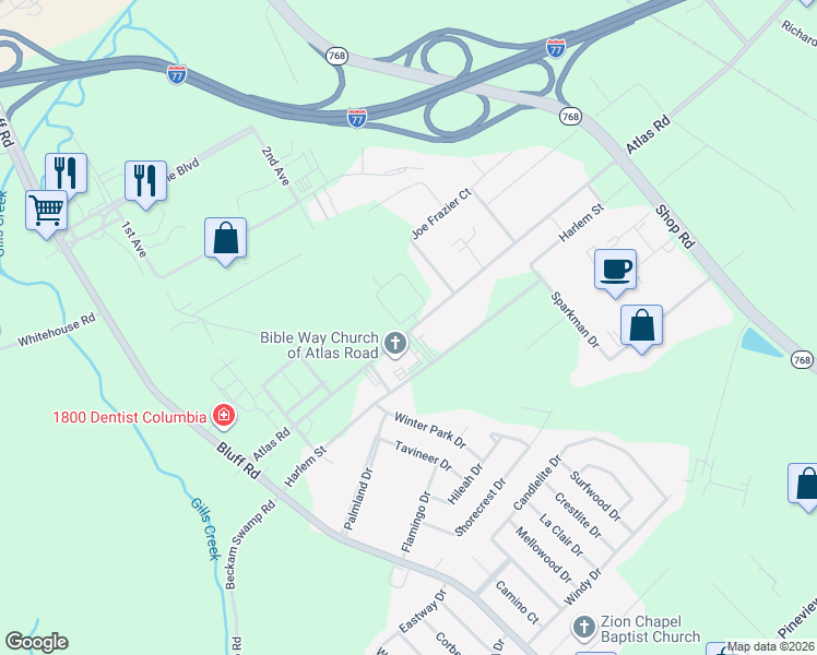 map of restaurants, bars, coffee shops, grocery stores, and more near 2513 Harlem Street in Columbia