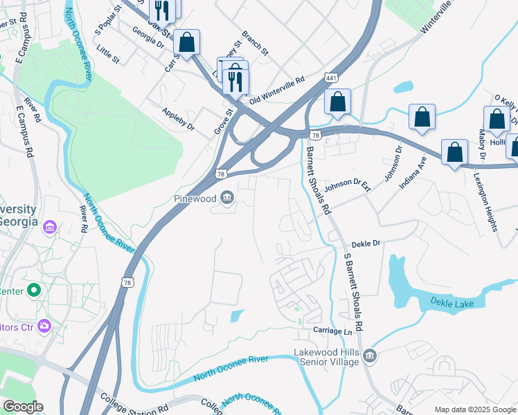 map of restaurants, bars, coffee shops, grocery stores, and more near 263 Bailey Street in Athens