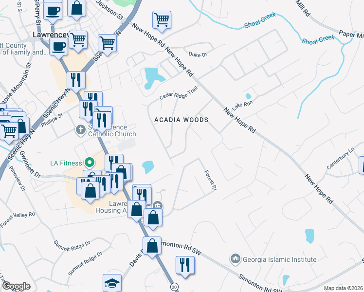 map of restaurants, bars, coffee shops, grocery stores, and more near 122 Floyd Street in Lawrenceville