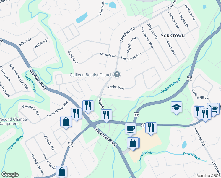 map of restaurants, bars, coffee shops, grocery stores, and more near 1470 Appian Way in Lawrenceville