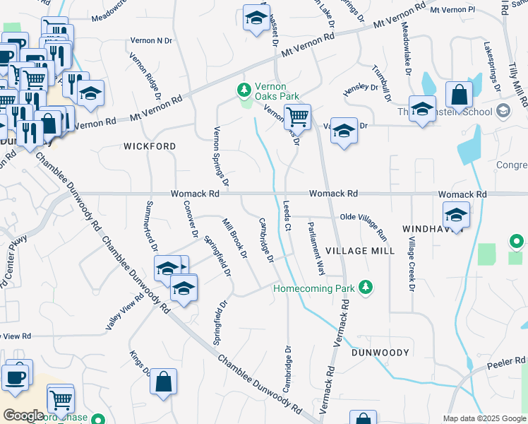 map of restaurants, bars, coffee shops, grocery stores, and more near 4935 Cambridge Drive in Dunwoody