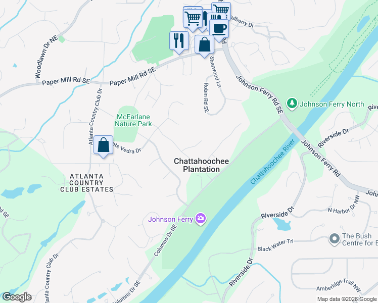 map of restaurants, bars, coffee shops, grocery stores, and more near 410 Dogwood Trail in Marietta