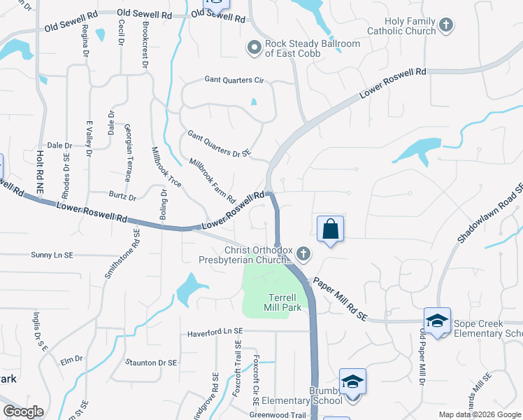 map of restaurants, bars, coffee shops, grocery stores, and more near 471 Milledge Gate Terrace Southeast in Marietta