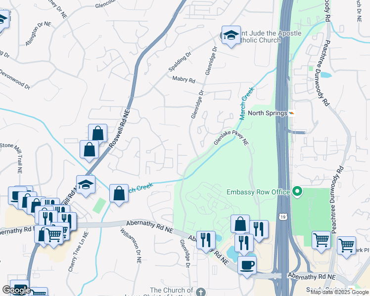 map of restaurants, bars, coffee shops, grocery stores, and more near 6800 Glenridge Drive in Sandy Springs