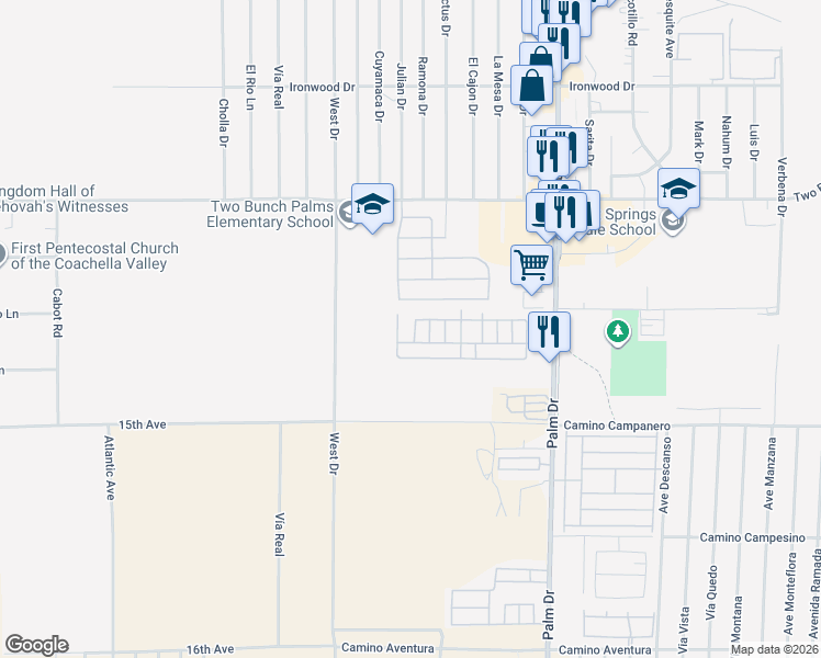 map of restaurants, bars, coffee shops, grocery stores, and more near 14777 Palm Drive in Desert Hot Springs
