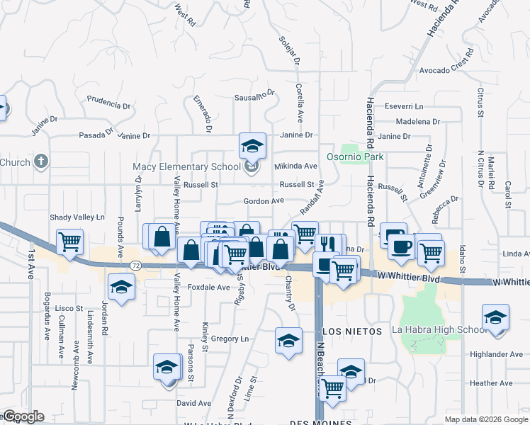 map of restaurants, bars, coffee shops, grocery stores, and more near 1272 Macy Street in La Habra