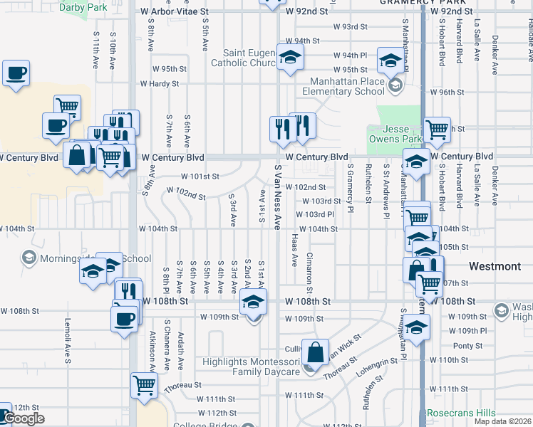 map of restaurants, bars, coffee shops, grocery stores, and more near 10236 South 1st Avenue in Inglewood