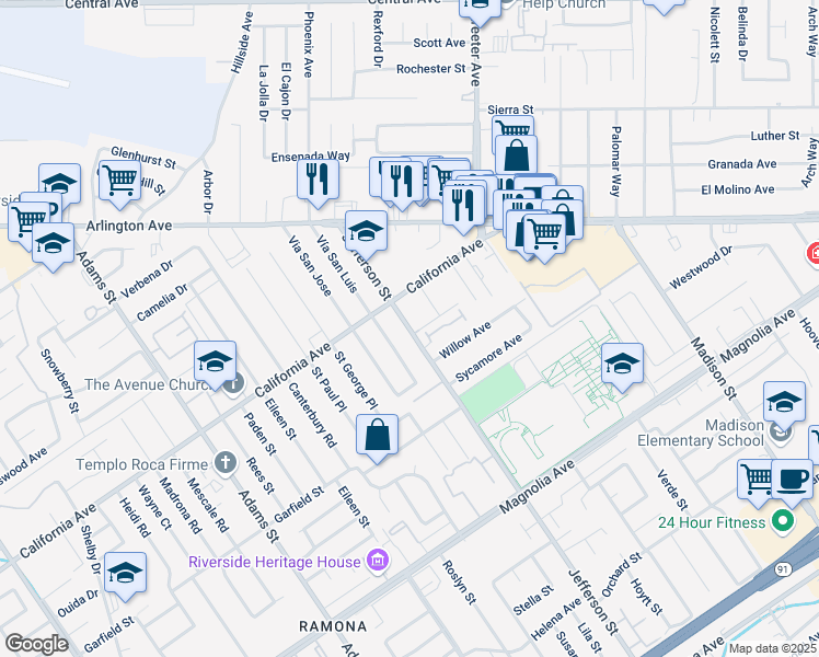 map of restaurants, bars, coffee shops, grocery stores, and more near 4125 Vía San Luis in Riverside