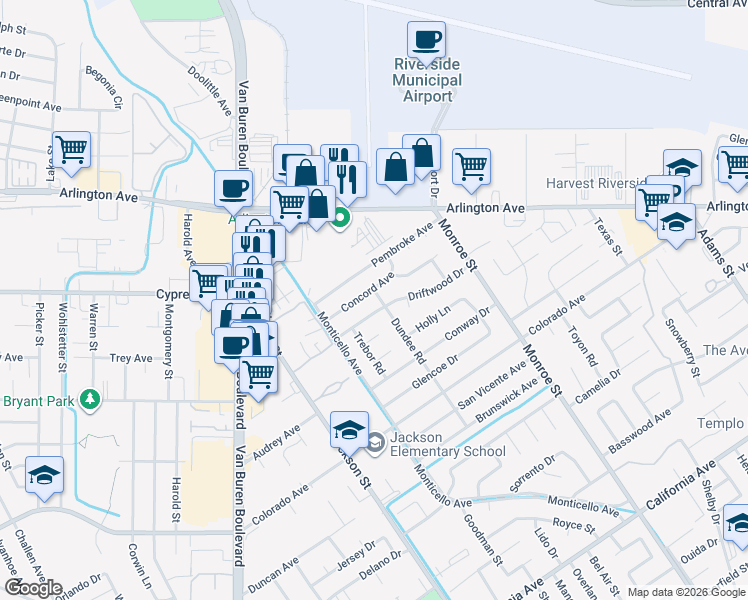 map of restaurants, bars, coffee shops, grocery stores, and more near 8938 Driftwood Drive in Riverside