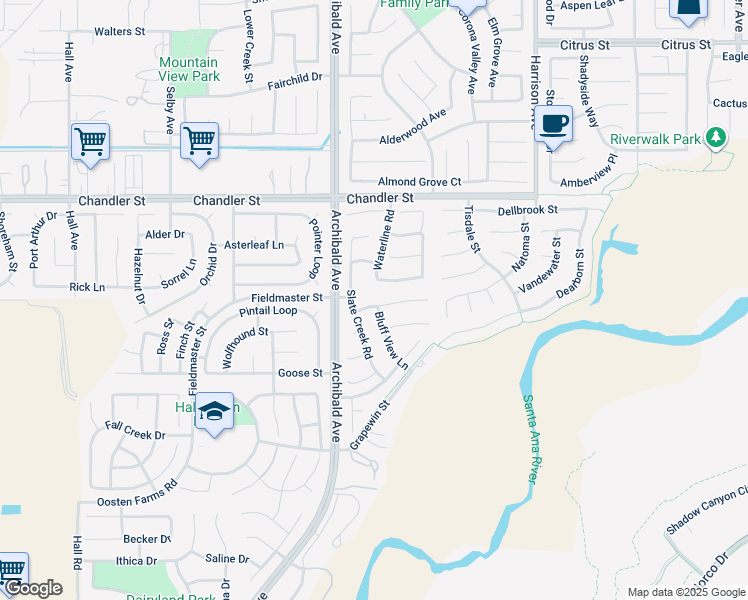 map of restaurants, bars, coffee shops, grocery stores, and more near 14122 Springwater Lane in Eastvale