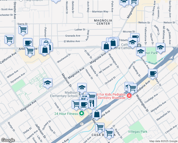 map of restaurants, bars, coffee shops, grocery stores, and more near 3759 Hoover Street in Riverside