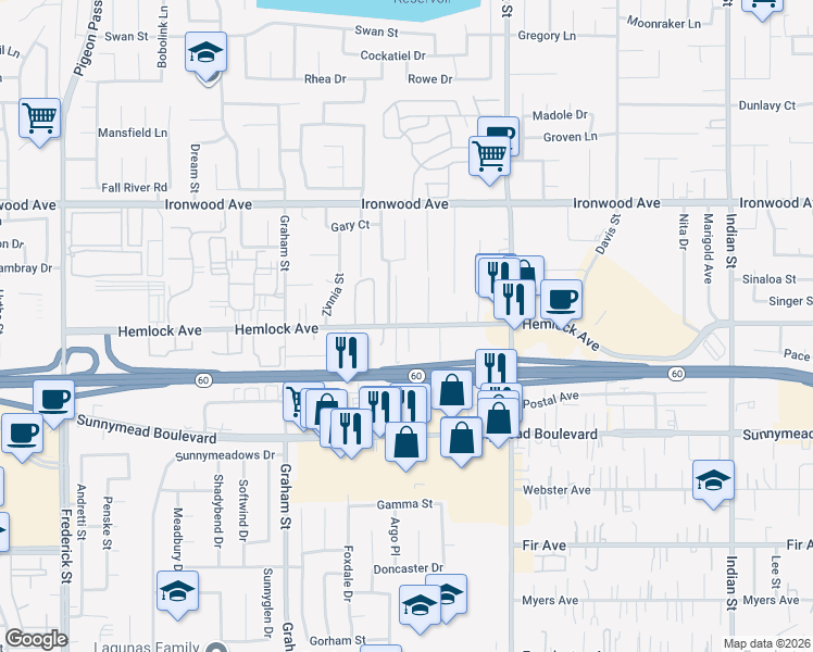 map of restaurants, bars, coffee shops, grocery stores, and more near 23815 Hemlock Avenue in Moreno Valley