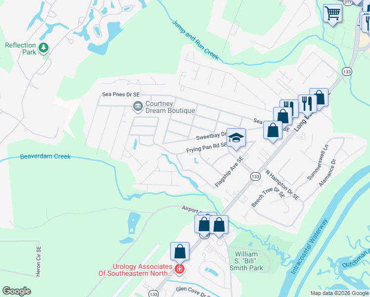 map of restaurants, bars, coffee shops, grocery stores, and more near 4359 Frying Pan Road Southeast in Southport