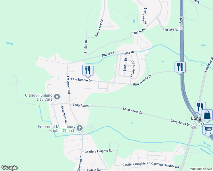 map of restaurants, bars, coffee shops, grocery stores, and more near 451 Pine Needle Drive in Longs