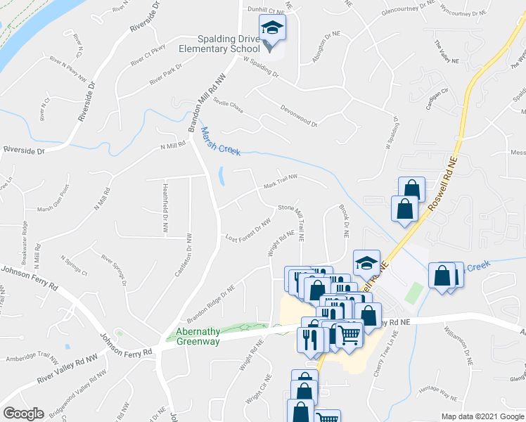 map of restaurants, bars, coffee shops, grocery stores, and more near 360 Stone Mill Trail Northeast in Atlanta