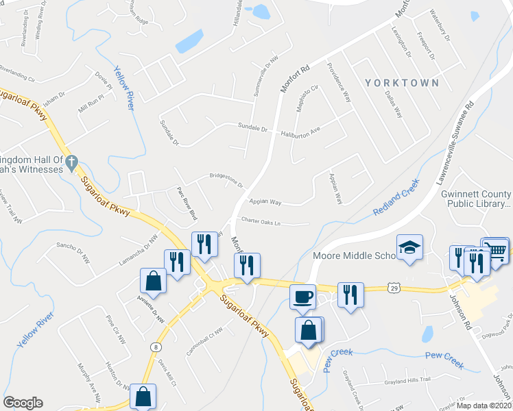 map of restaurants, bars, coffee shops, grocery stores, and more near 1470 Appian Way in Lawrenceville