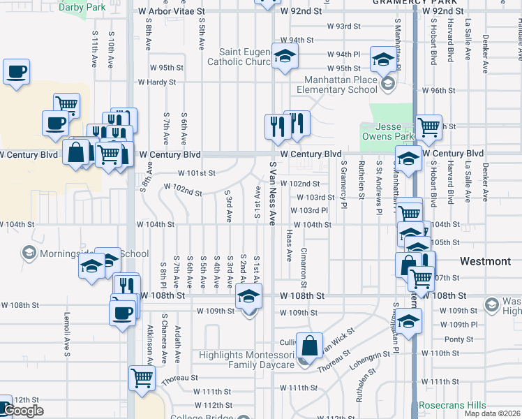 map of restaurants, bars, coffee shops, grocery stores, and more near 10236 South 1st Avenue in Inglewood