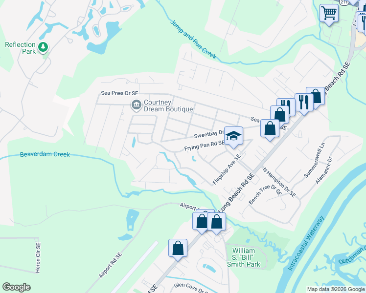 map of restaurants, bars, coffee shops, grocery stores, and more near 4359 Frying Pan Road Southeast in Southport