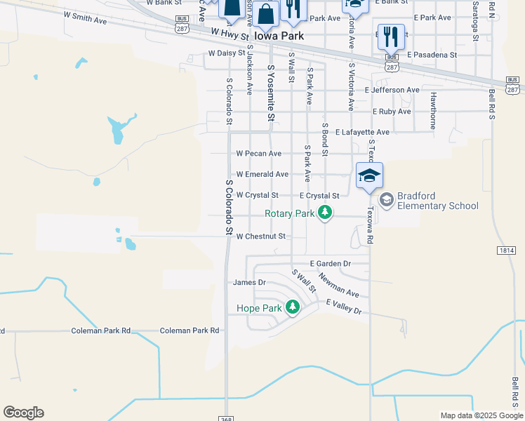 map of restaurants, bars, coffee shops, grocery stores, and more near 205 West Diamond Avenue in Iowa Park