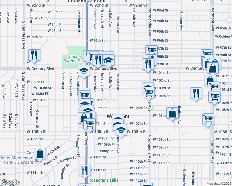map of restaurants, bars, coffee shops, grocery stores, and more near 10317 South Denker Avenue in Los Angeles