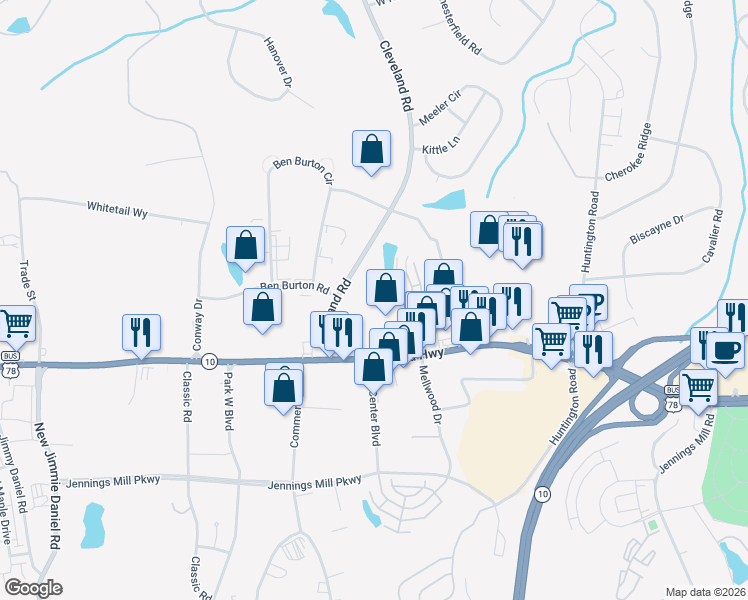map of restaurants, bars, coffee shops, grocery stores, and more near 3890 Atlanta Highway in Bogart