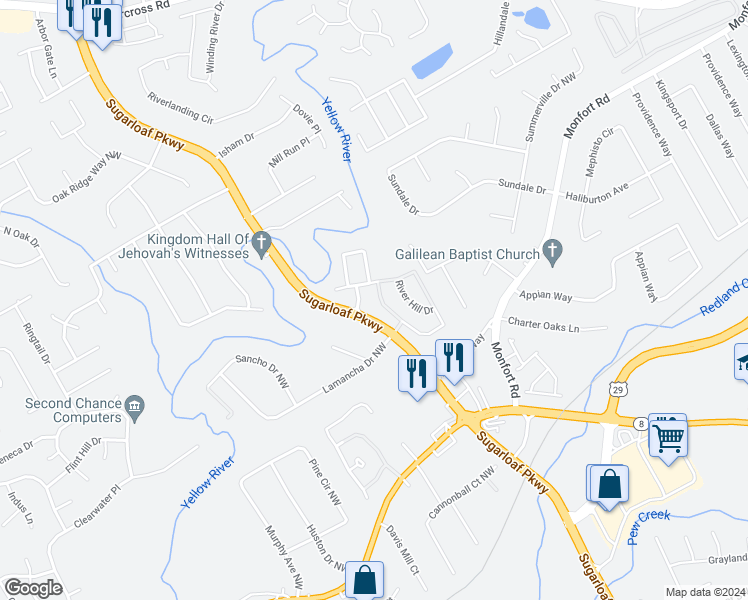 map of restaurants, bars, coffee shops, grocery stores, and more near 890 Parc River Boulevard in Lawrenceville