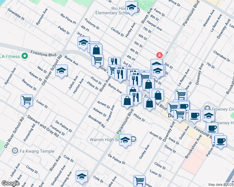 map of restaurants, bars, coffee shops, grocery stores, and more near 7860 Burns Avenue in Downey