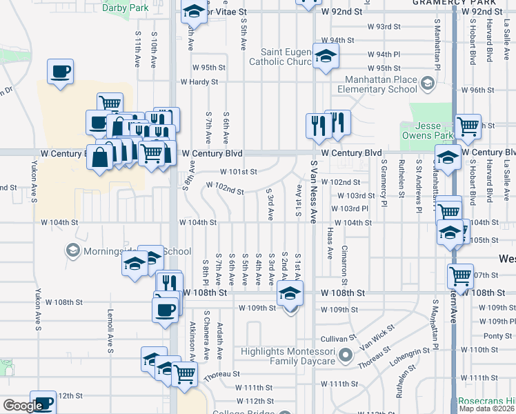 map of restaurants, bars, coffee shops, grocery stores, and more near 10253 South 4th Avenue in Inglewood