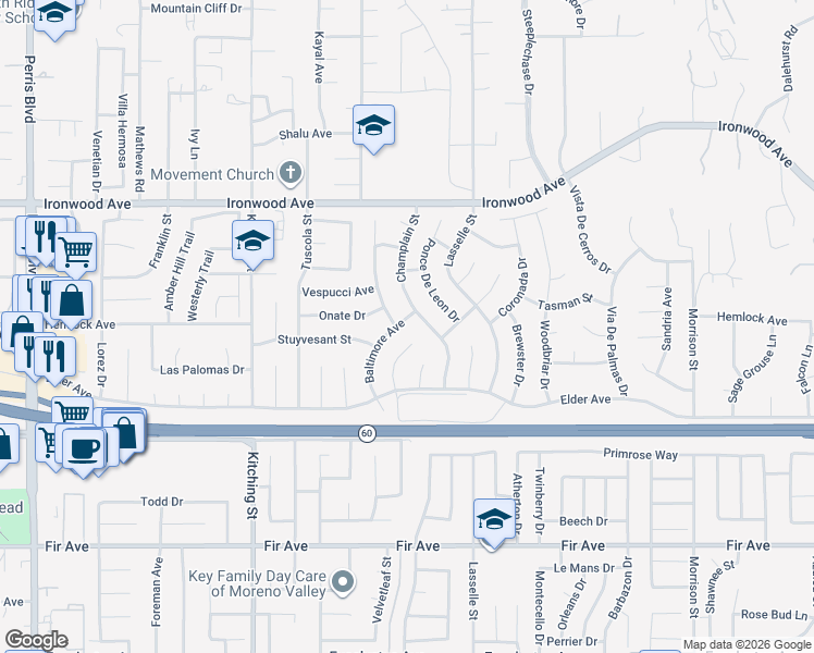 map of restaurants, bars, coffee shops, grocery stores, and more near 12226 Baltimore Avenue in Moreno Valley