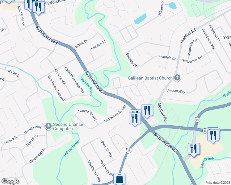 map of restaurants, bars, coffee shops, grocery stores, and more near 4270 Sugarloaf Parkway in Lawrenceville