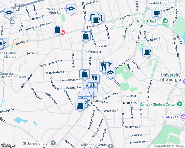 map of restaurants, bars, coffee shops, grocery stores, and more near 215 West Rutherford Street in Athens