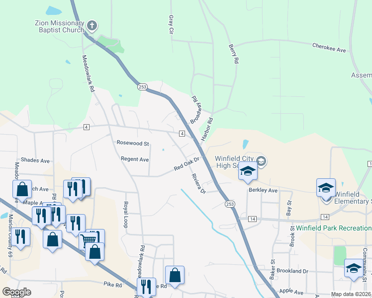map of restaurants, bars, coffee shops, grocery stores, and more near 365-407 Riviera Drive in Winfield
