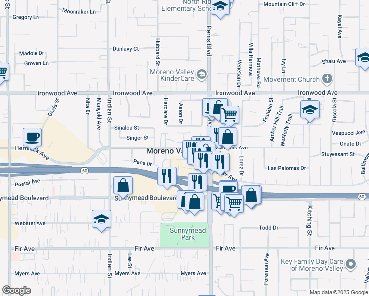 map of restaurants, bars, coffee shops, grocery stores, and more near 12275 Perris Boulevard in Moreno Valley