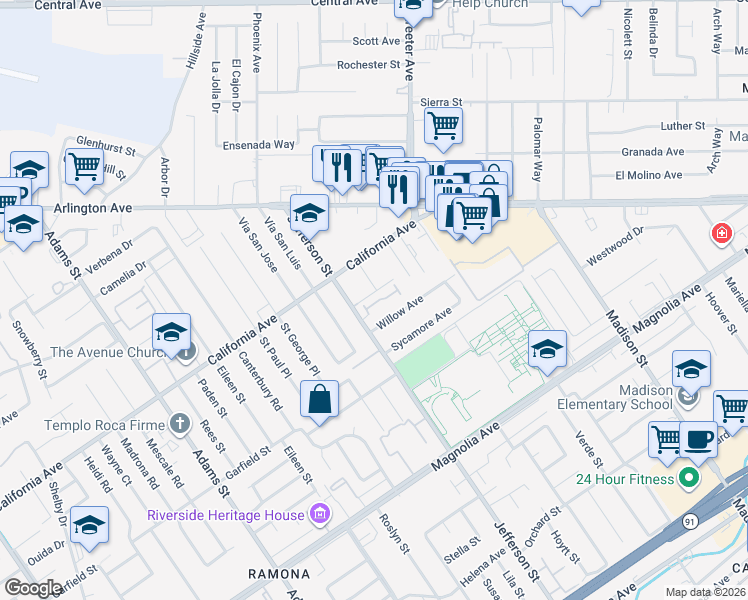 map of restaurants, bars, coffee shops, grocery stores, and more near 7877 Willow Avenue in Riverside