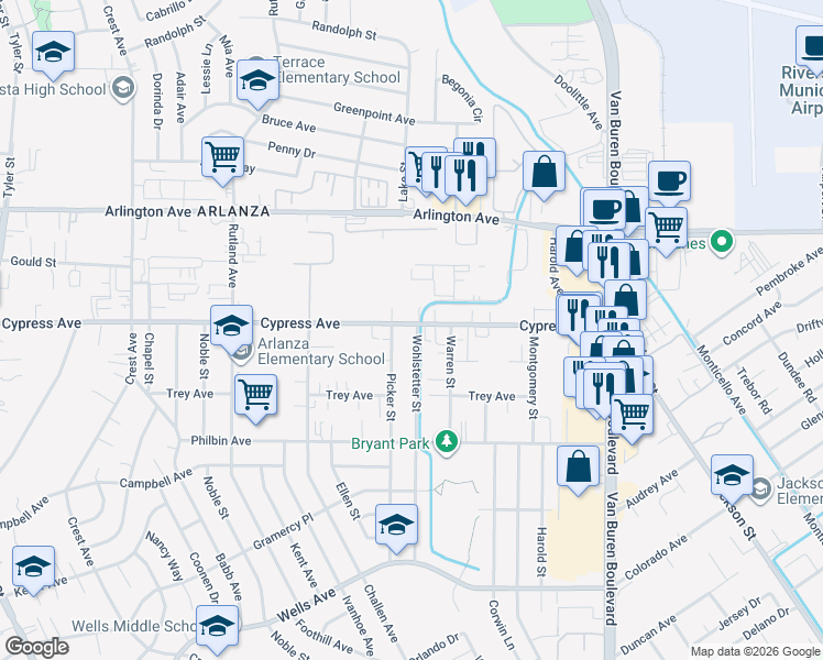 map of restaurants, bars, coffee shops, grocery stores, and more near 5930 Wohlstetter Street in Riverside