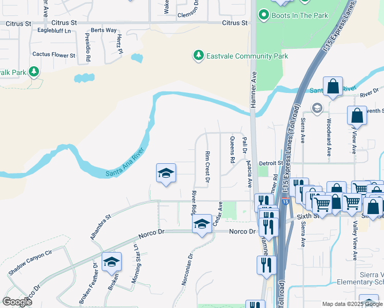 map of restaurants, bars, coffee shops, grocery stores, and more near 2246 Canyon Ridge Circle in Norco