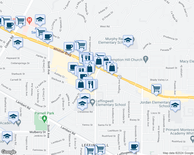 map of restaurants, bars, coffee shops, grocery stores, and more near 10406 Santa Gertrudes Avenue in Whittier