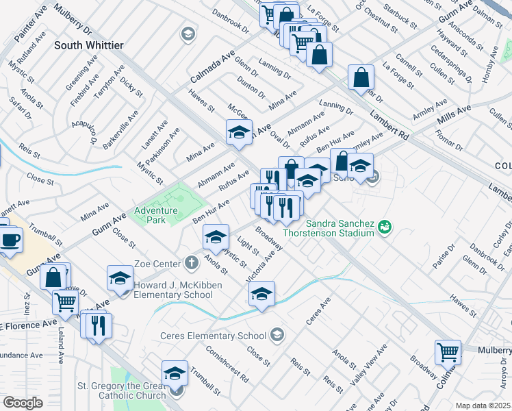 map of restaurants, bars, coffee shops, grocery stores, and more near 14042 Fernview Street in Whittier