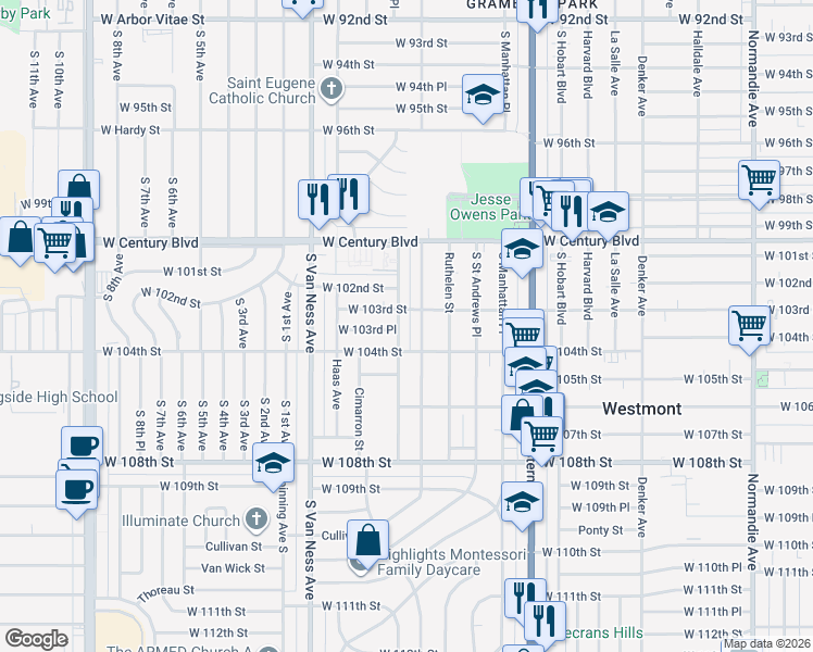 map of restaurants, bars, coffee shops, grocery stores, and more near 2017 West 104th Street in Los Angeles