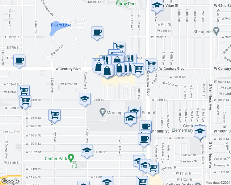 map of restaurants, bars, coffee shops, grocery stores, and more near 3319 West 104th Street in Inglewood