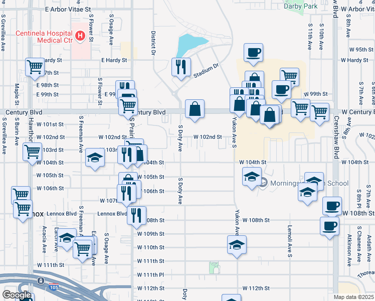 map of restaurants, bars, coffee shops, grocery stores, and more near 10324 Doty Avenue in Inglewood