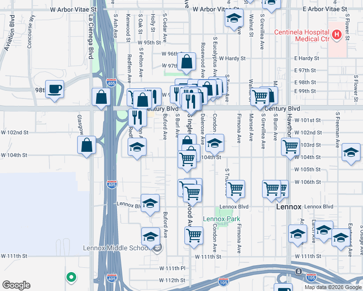 map of restaurants, bars, coffee shops, grocery stores, and more near 4811 West 104th Street in Inglewood