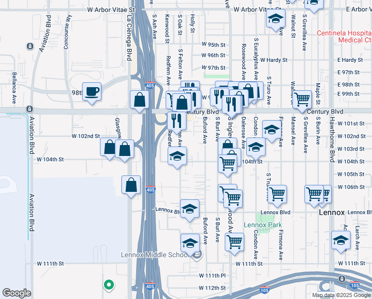 map of restaurants, bars, coffee shops, grocery stores, and more near 4949 West 104th Street in Inglewood