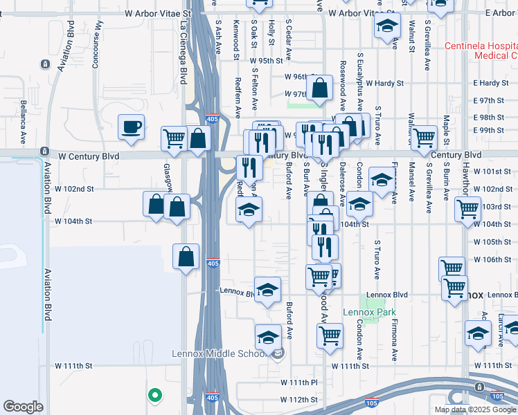 map of restaurants, bars, coffee shops, grocery stores, and more near 10302 Felton Avenue in Inglewood