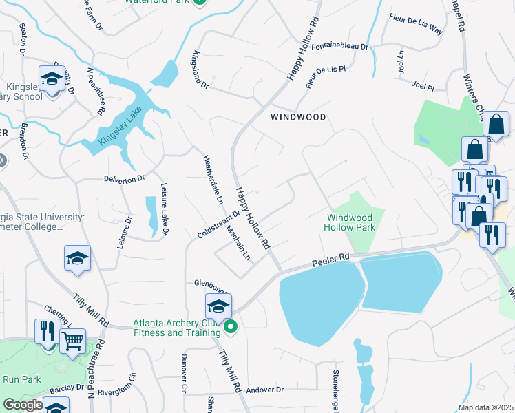 map of restaurants, bars, coffee shops, grocery stores, and more near 4925 Happy Hollow Road in Atlanta
