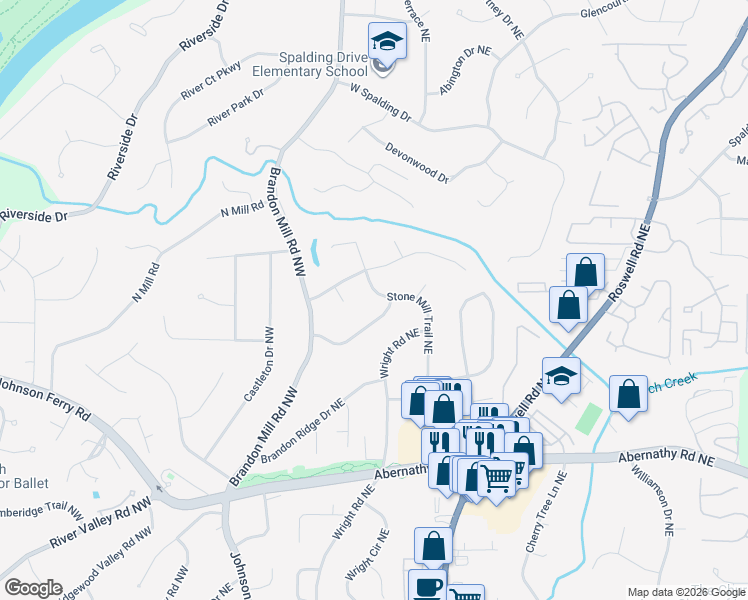 map of restaurants, bars, coffee shops, grocery stores, and more near 360 Stone Mill Trail Northeast in Atlanta