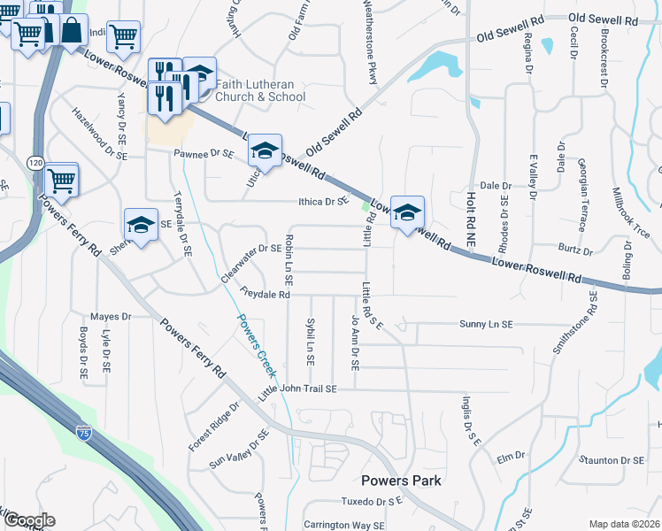 map of restaurants, bars, coffee shops, grocery stores, and more near 2339 Engineers Drive Southeast in Marietta