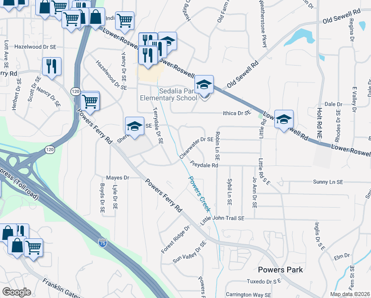 map of restaurants, bars, coffee shops, grocery stores, and more near 2187 Freydale Road in Marietta